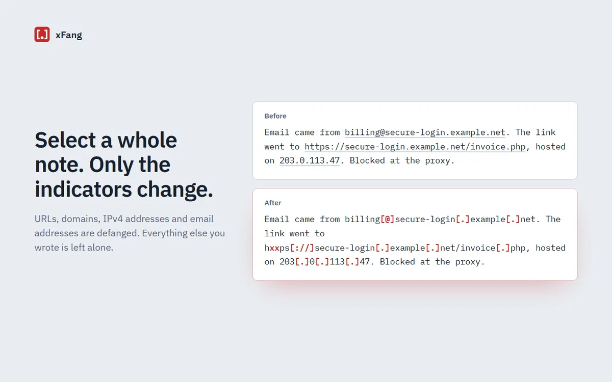 Before and after view of a case note: the email address, URL and IP address are defanged while the rest of the sentence is unchanged