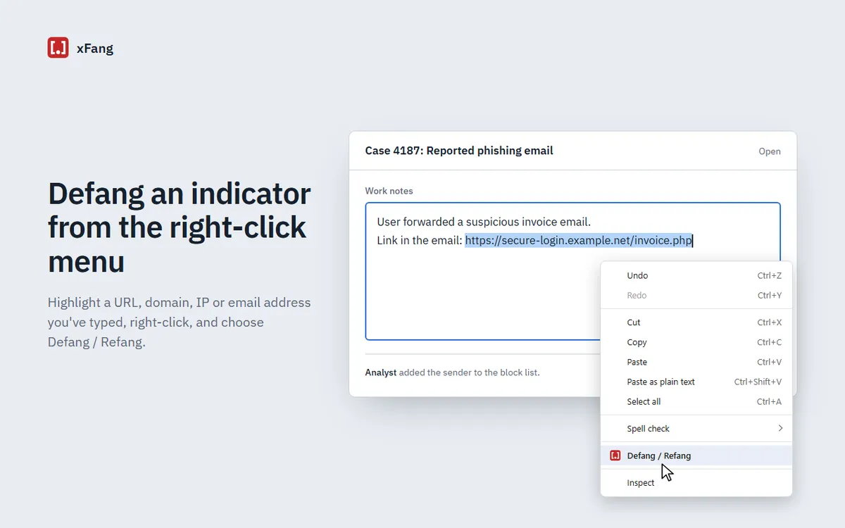 A case management work-notes field with a URL selected and the right-click menu open on the Defang / Refang option